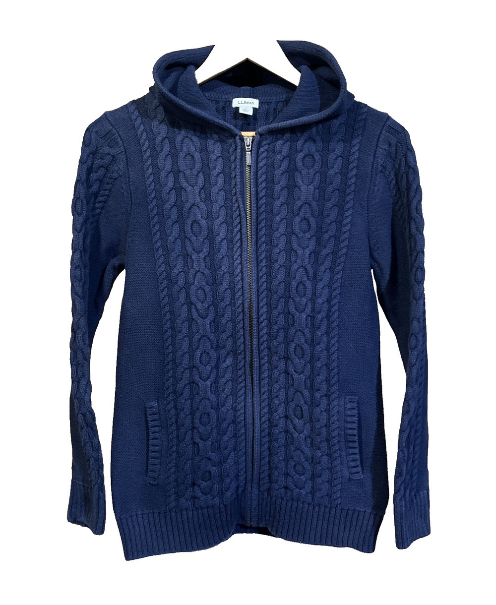 L.L.Bean Cable Knit Cardigan Sweater Women’s M Blue Hooded Full Zip Fisherman